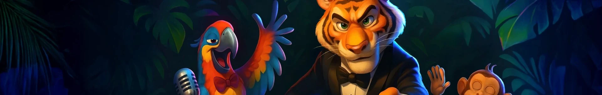 Gezeichneter Tiger mit Fliege am Pokertisch im Dschungel, daneben ein Papagei und ein Affe