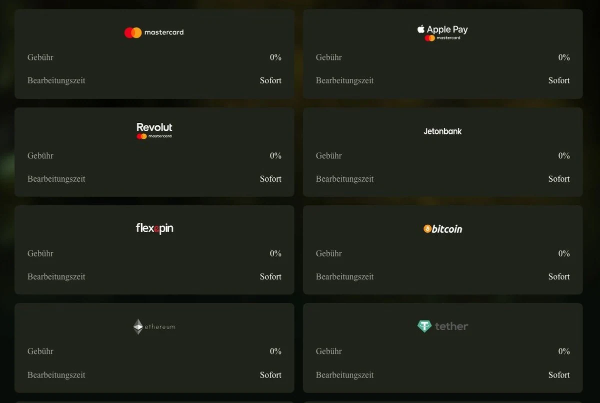 Cashwin: Zahlungsseite mit Einzahlungsmethoden, Gebühren und Bearbeitungszeit