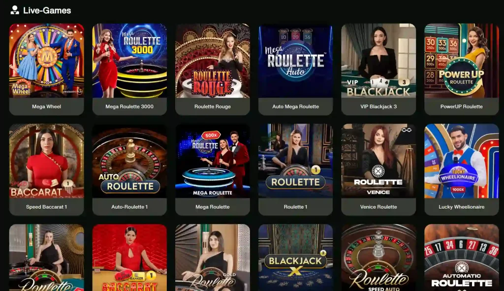 Cashwin Casino Live Games Bereich mit Roulette, Blackjack und Baccarat Tischen