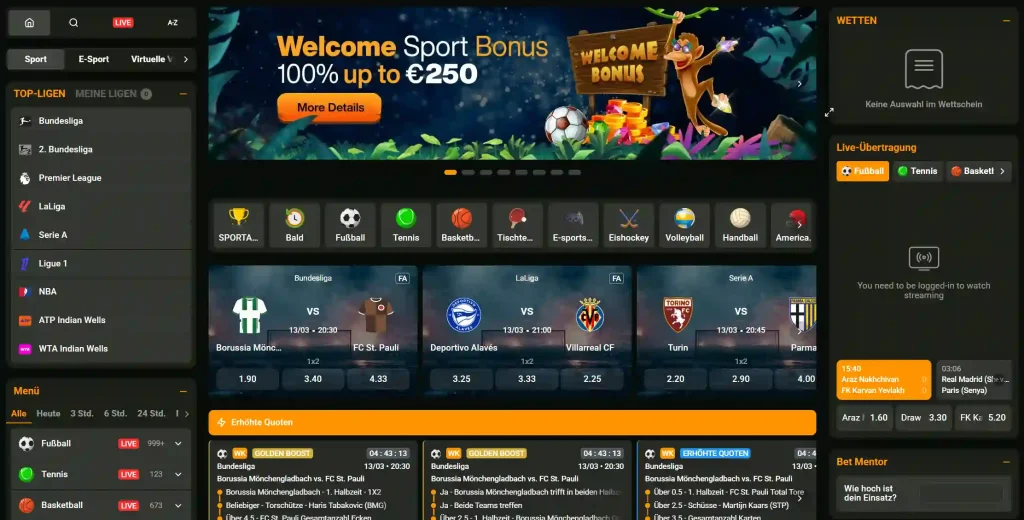 Cashwin Casino Sportwetten Bereich mit Bundesliga Spielen und Wettquoten